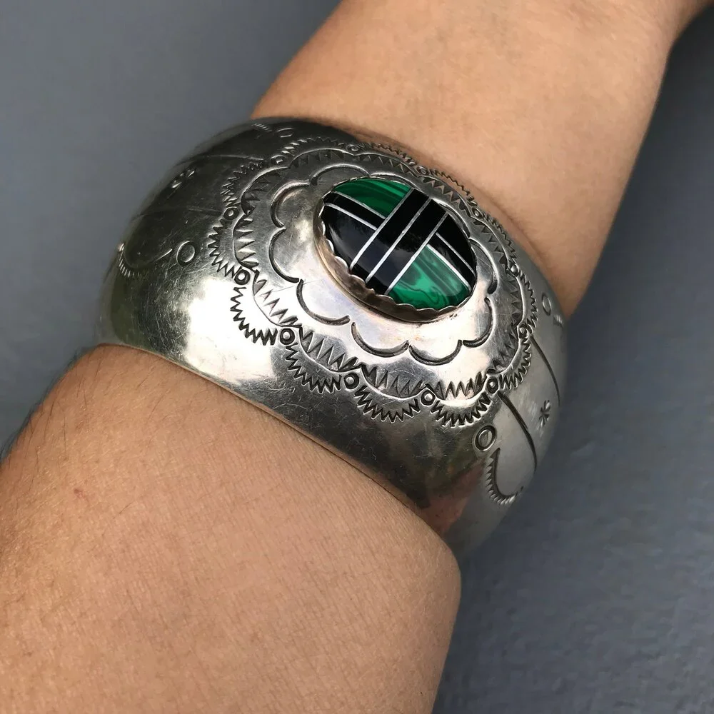 Vintage Sterling Silver Cuff Bracelet Inlay work Stamped Mexican Silver Jewelry - Picture 8 of 8